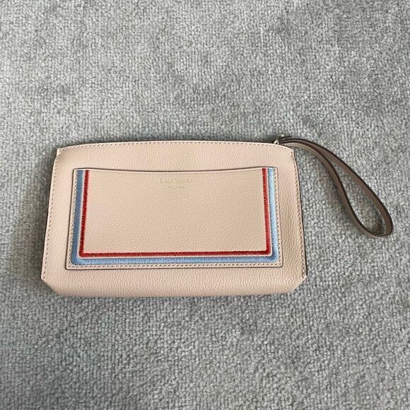Kate Spade New York Tan Leather Striped Wallet Clutch Wristlet Bag Purse - Picture 1 of 6